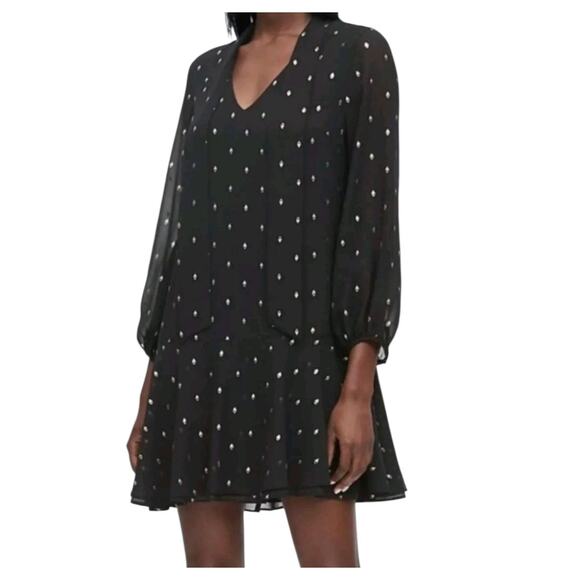Banana Republic Black w Gold Metallic Sheer Sleeve Mini Dress w Neck Tie SZ 8 - Picture 2 of 11